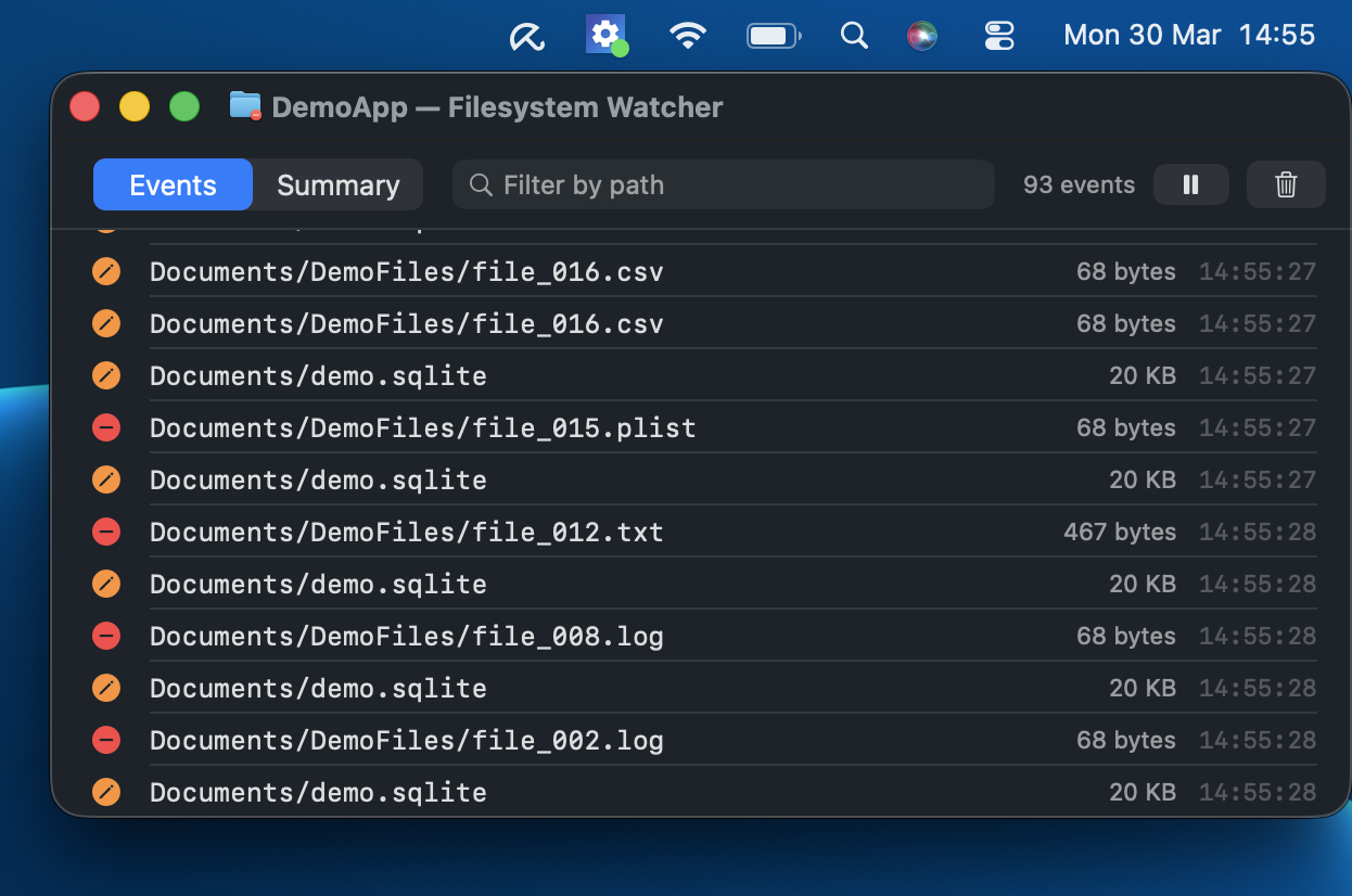 SimToolbox Filesystem Watcher displaying real-time file changes in an iOS simulator