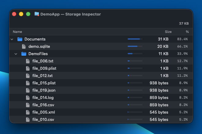 SimToolbox Storage Inspector showing disk usage breakdown for an iOS simulator app